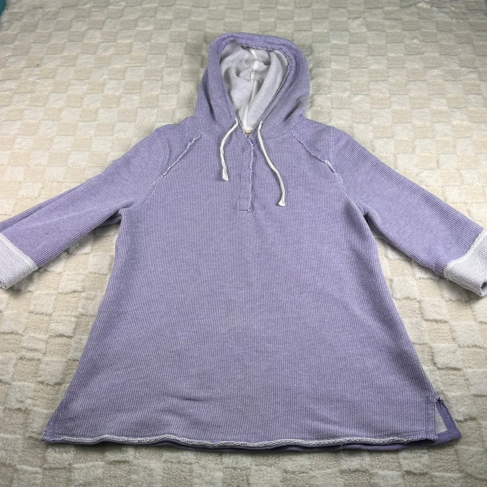 Soft Surroundings Lavender Waffle Knit Henley Hoodie Tunic Purple 3/4 Sleeve Top